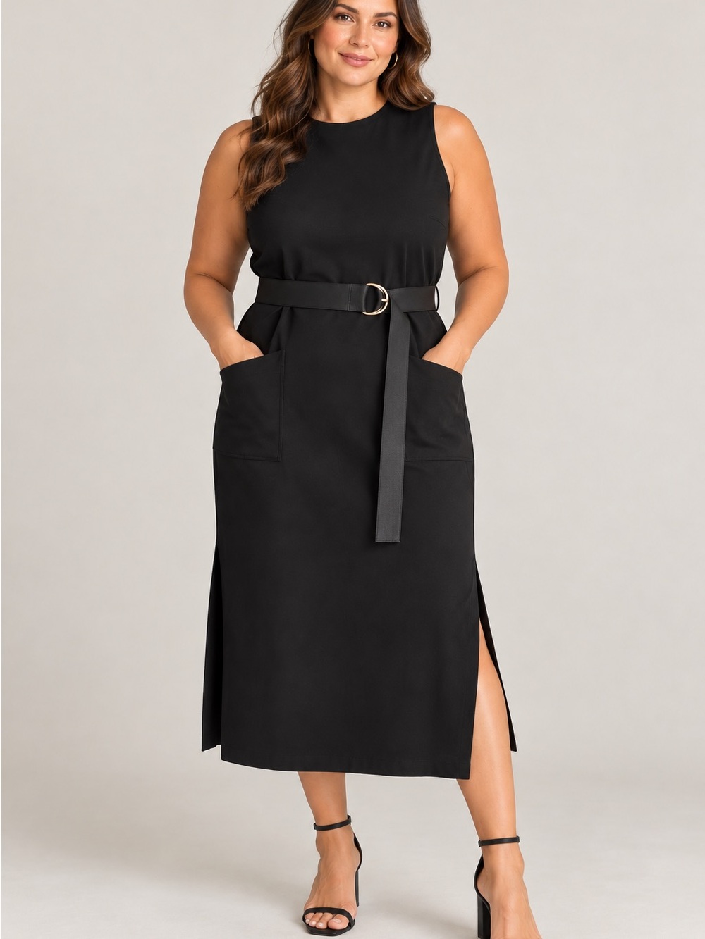 Avec Les Filles Black Belted Midi Dress Size 14 NWT $138 1N04K21